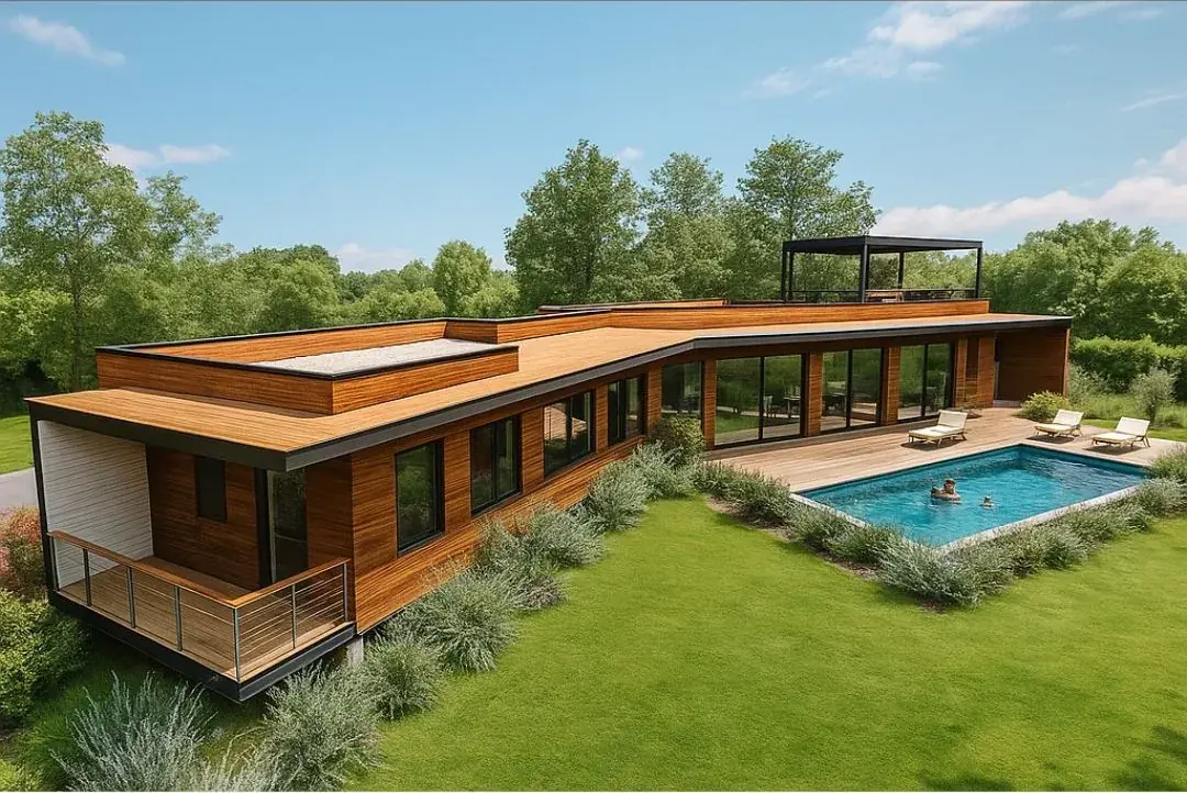Casa Chiñigue: vivienda de madera con terraza y piscina