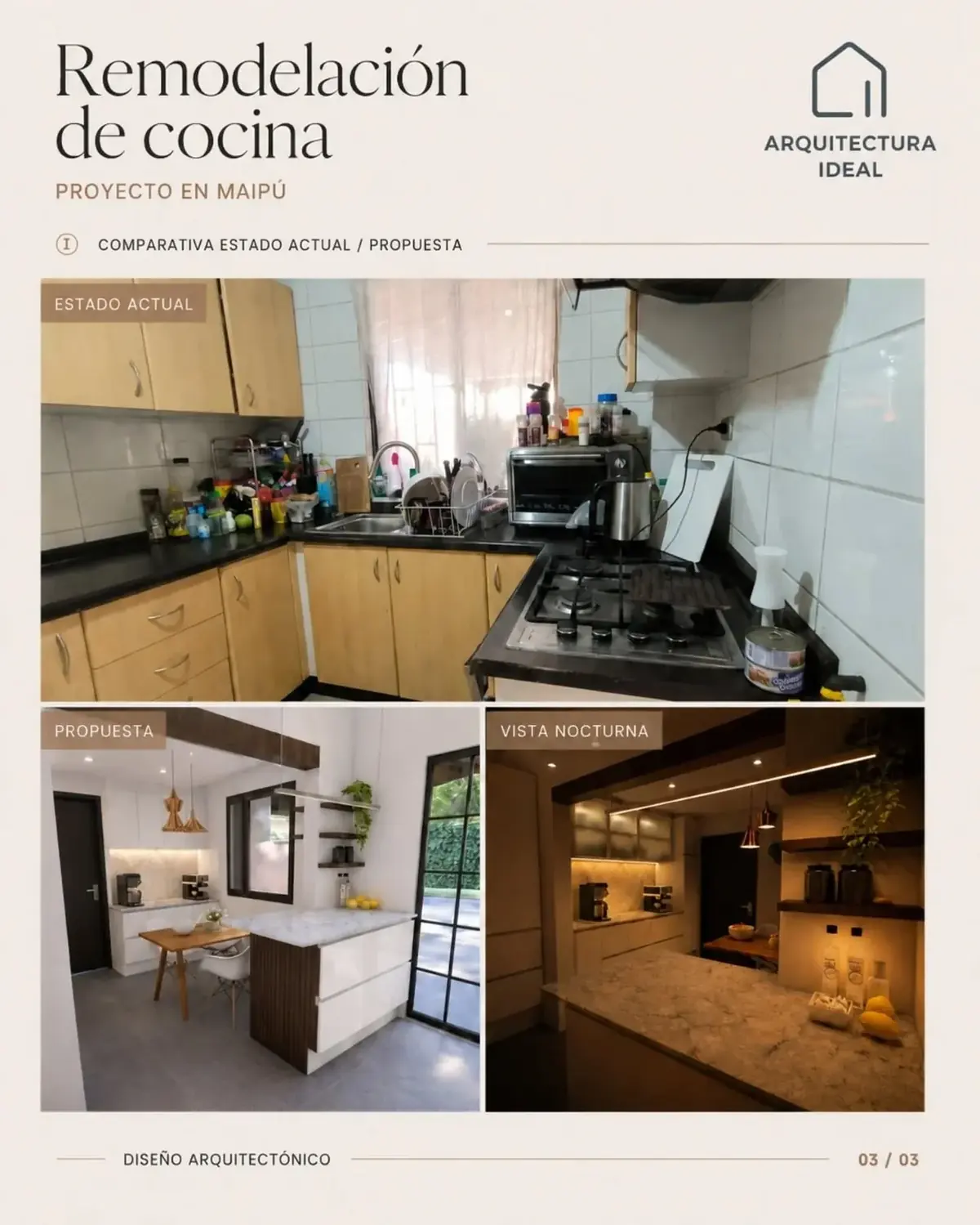 Remodelación de cocina en Maipú: comparativa estado actual y propuesta