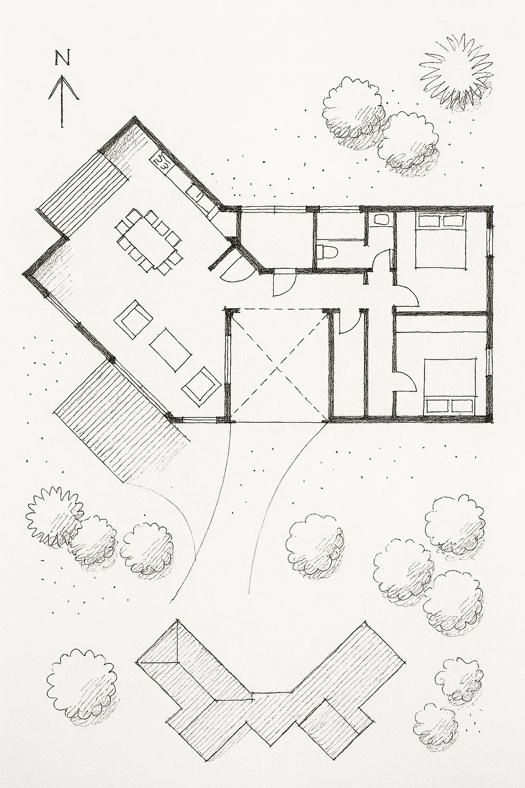 Planta arquitectónica dibujada a mano con orientación norte
