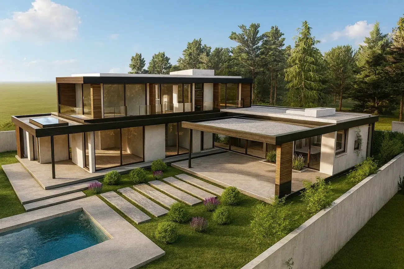 Vivienda terminada con jardín, terraza y piscina en día despejado